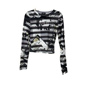 Social Collision Graphic Mesh Mixed Media L Top Sheer Y2K Streetwear Grunge Edgy